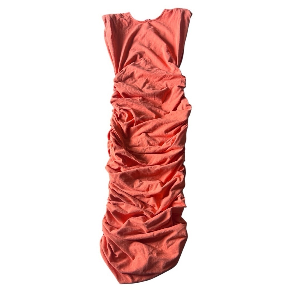 Coral Ruched Dress with Shoulder Pads